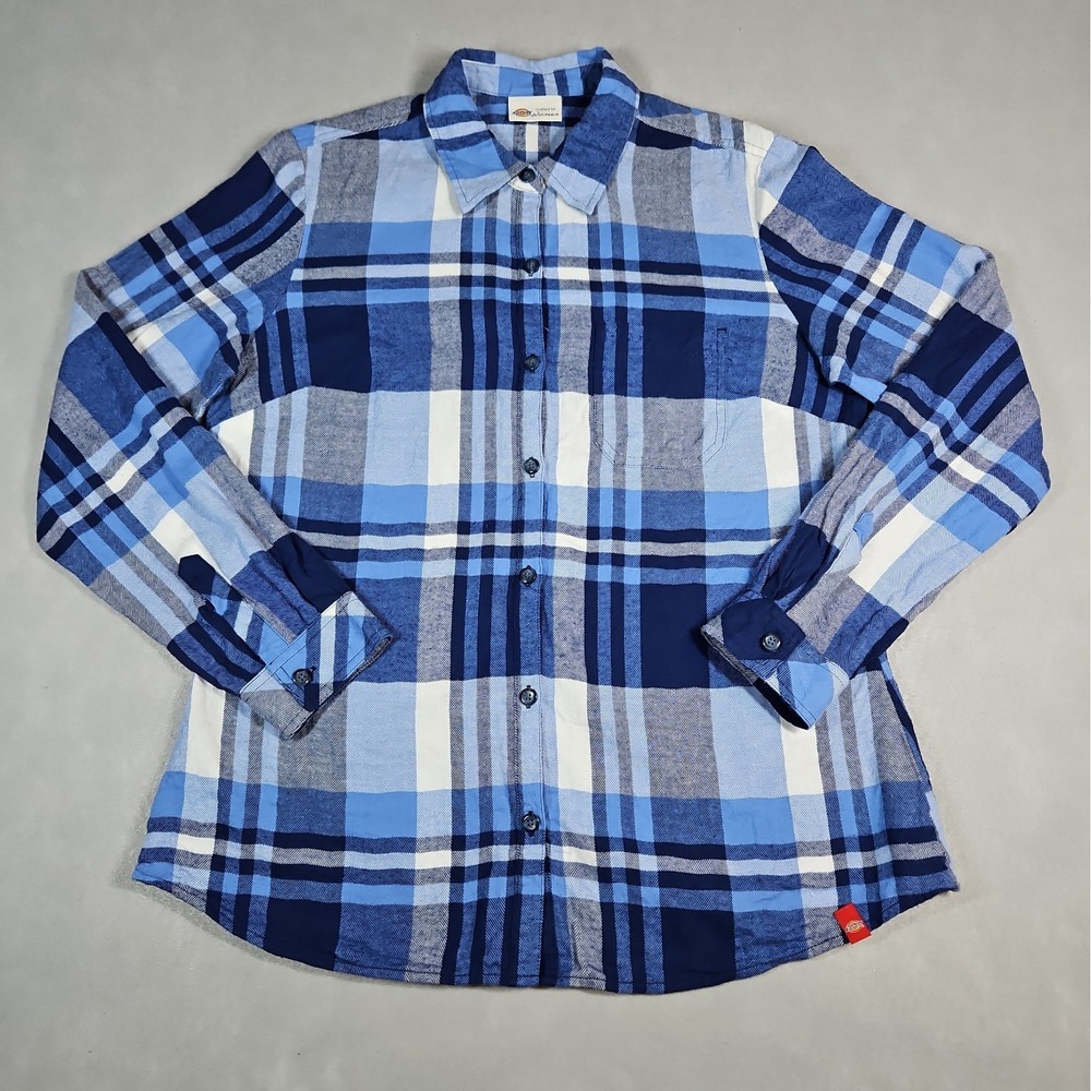 Dickies Womens Blue Plaid Button Up Long Sleeve Flannel Shirt Size Large / XL